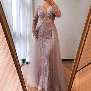 Luxury Muslim Pink Mermaid Evening Dress with Train - Elegant Gown for Women's Party