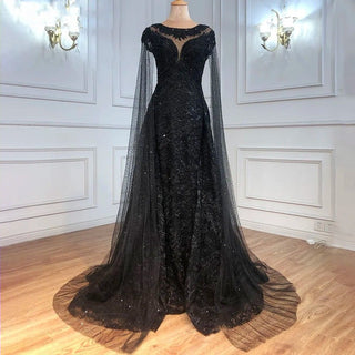 Ships in 1 to 3 Days - Arabic Black Luxury 2024 Lace Beaded Cape Sleeves Mermaid Evening Gown: Elegant Attire for Women's Wedding Party