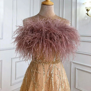 Gold Luxury Strapless Evening Dresses Gowns 2024 Beading Feathers Sexy A-Line For Women Party