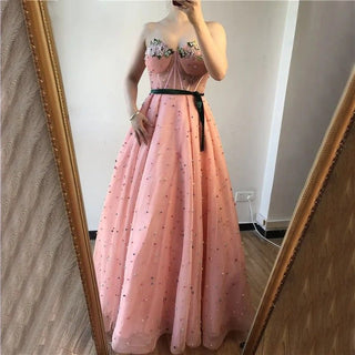 Pink Beaded Pearls Evening Gown 2024 - Long Formal Party Prom Dress with Sashes