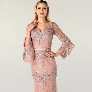 Pink Lace Diamond Evening Gown 2024 - Long Sleeve V-Neck Sexy Dress for Women