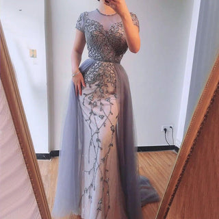 Dubai Crystal Short Sleeve Mermaid Evening Dress - 2024 Luxury Sexy Formal Gown