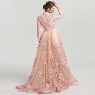 Muslim Romantic Pink Long Sleeves Evening Dress 2024 - High Neck Handmade Flowers Evening Gown