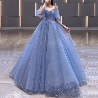 Ships in 1 to 3 Days - Blue Beading Pearls Evening Dress 2024: Long Puff Sleeves Sexy Women Formal Party Wear Ball Gown