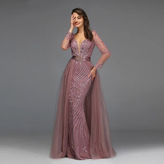 Muslim Pink Elegant Long Sleeves Mermaid with Detachable Train Evening Dress Gown For Women