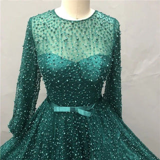 Dubai Green Pearls Long Sleeve Evening Dress - 2024 Tulle Luxury Beach Gown