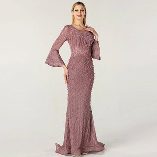 Muslim Pink Mermaid Luxury Lace Beaded Pearls Evening Dress Formal Party Gown 2024