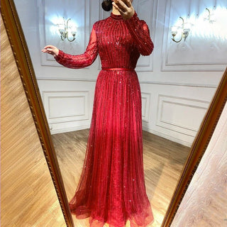 Chic Wine Red Muslim Luxury A-Line Evening Dress - 2024 Sparkle Beaded Gown for Women's Party