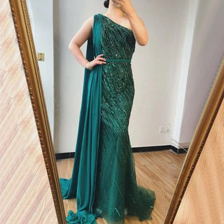 Dubai Green One Shoulder Luxury Evening Dresses 2024 - Mermaid Silhouette with Beaded Sequins Sparkle