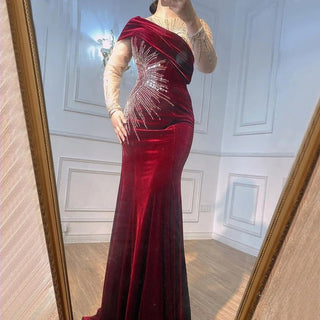 Ships in 1 to 3 Days - Muslim Wine Red Velvet Luxury Evening Gown 2024 - Elegant Mermaid Style with Beading for Women's Party