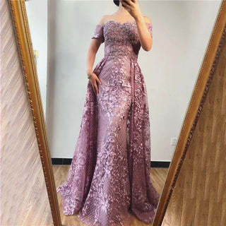 Pink Mermaid Elegant Evening Dress 2024 - Short Sleeve Flowers, Dubai Sexy Off-Shoulder Lace Crystal Gown