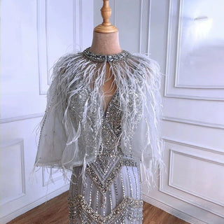 Nude Silver Mermaid V-Neck Sexy Evening Dress 2024 - Sleeveless Feathers Shawl Yarn Diamond Formal Gown