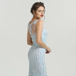 Light Blue O-Neck Luxury Evening Dress: Long Crystal Sequined Sexy Lace Evening Gown for 2024