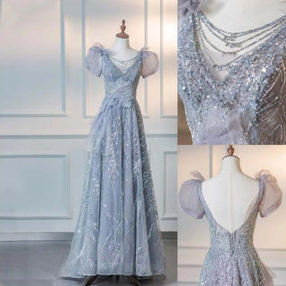 Grey Luxury Puffy Sleeves Evening Dress - 2024 Beaded A-Line Gown for Women's Party