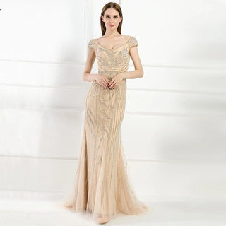 Gold Nude Mermaid Evening Dress - Sexy Off-Shoulder, Sparkly Diamond Embellishments, for 2024 Evening Events