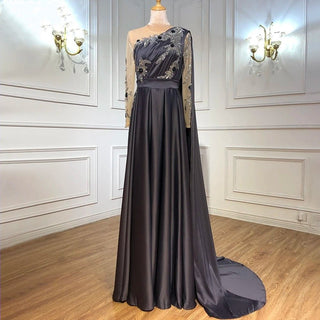 Arabic One Shoulder Olive Green Muslim Evening Dress with Cape: Long Sleeves Women Wedding Party Gowns Elegant Plus Size