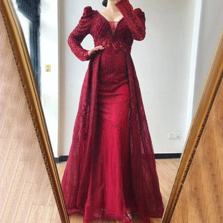 Ships in 1 to 3 Days - Maroon Majesty: 2024 Wine Red V-Neck Mermaid Dress with Long Sleeves and Crystal Beading