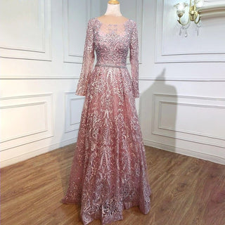 Pink Muslim Luxury O-Neck Evening Gowns 2024 Dubai Long Sleeves Beading Elegant Formal Dress Design