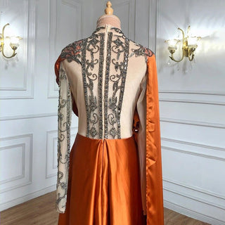 Luxury Arabic Orange Brown Long Sleeve Evening Dress with Cape: Dubai Beaded Elegant Women's Wedding Party Gown