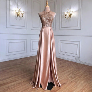 Golden Glamour: A-Line High Neck Sparkle Evening Dress with Tassel Beading