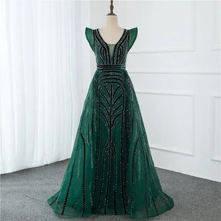 Dubai Decadence: Deep-V Crystal Gown with Heavy Beading – 2024 Sexy Luxury Plus Size Evening Wear