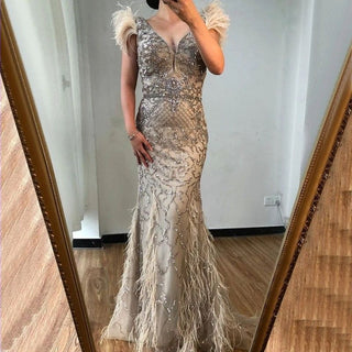 Nude Mermaid Elegant Evening Gown 2024 with Feather Beading - Luxury, Sexy, Perfect for Women's Parties