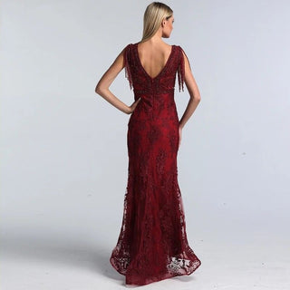 Burgundy Luxury Beaded Tassels Evening Gown 2024 Sexy V-Neck Sleeveless Formal Party Dress for Women