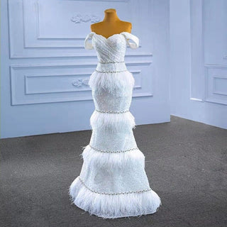 Chic Elegance: New-Style Ivory Off-Shoulder Cake Skirt Dress with Feather Accents for Women