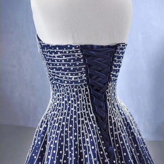 Navy Blue High-End Sexy Strapless Crystal Beaded Luxury Pearls Lace-Up Bride Gowns - Custom-Made Wedding Dress