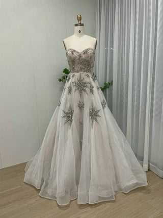 Ivory Crystal Rhinestone A-Line Birthday Party Gown - Luxury Strapless Open Back Arabic Tulle Evening Prom Dress