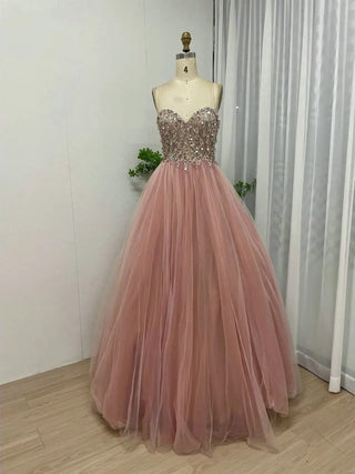 Sexy Strapless Beaded Pink Evening Dress - A-Line Open Back Tulle Gown for Prom, Graduation, and Arabic Luxury Weddings