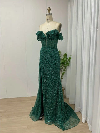 Exclusive Green Off-Shoulder Shiny Sequin Prom Dress - Sexy High Split Mermaid Evening Gown for Women’s Wedding Party 2024