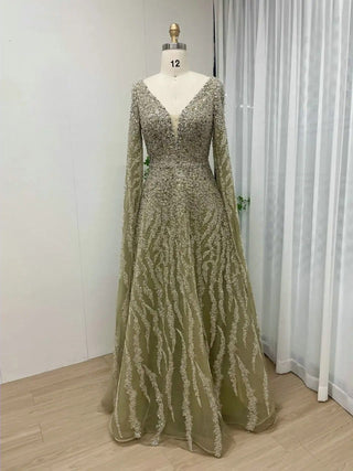 Ships in 1 to 3 Days - 2024 Arabic A-Line Evening Dress with Cape Sleeves - Luxury Beaded Formal Party Gown with Crystal Rhinestones