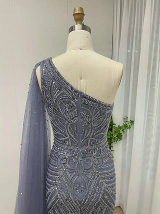 Ships in 1 to 3 Days - Sparkly Beaded Blue Mermaid Evening Gown with High Split and One Shoulder Cape Sleeve - Luxury Arabic Wedding Party Dress