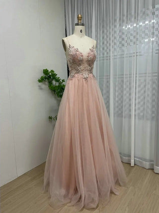 2024 Pink Beaded Lace A-Line Prom Dress with Spaghetti Straps - Stunning Tulle Birthday Gown for Women’s Parties