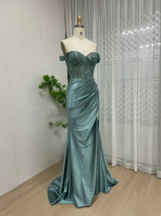 Ships in 1 to 3 Days - Simple Off-Shoulder Satin Prom Dress for Women - 2024 Stylish High Slit Mermaid Aqua Wedding Guest Gown with Boning