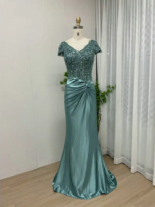 Ships in 1 to 3 Days - Luxury Beaded Lace Emerald Satin Prom Party Gown - 2024 New Arrival Modest V-Neck Short Sleeve Mother of the Bride Dress