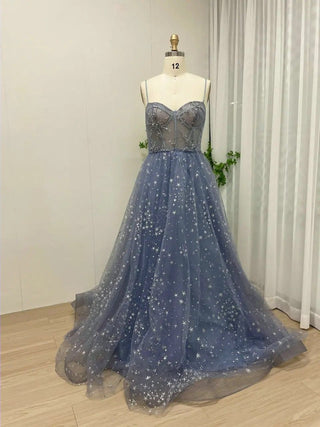 Ships in 1 to 3 Days - Exclusive Blue Sweetheart Neck Birthday Party Dress for Girls - Luxurious Beaded A-Line Tulle Illusion Evening Gown 2024