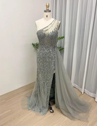 Ships in 1 to 3 Days - 2024 Pink Luxury Beaded One-Shoulder Evening Dress - Sexy High Slit Mermaid Floor Length Gown for Wedding Guests