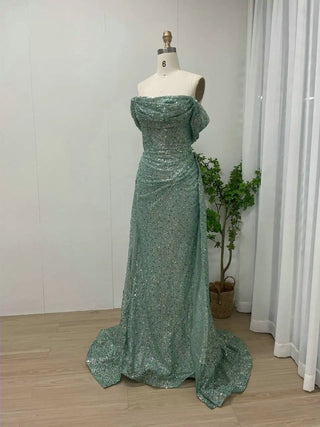 Ships in 1 to 3 Days - New Design Green Mermaid Evening Gown - Gorgeous Sequined Off-Shoulder Formal Dress for Women