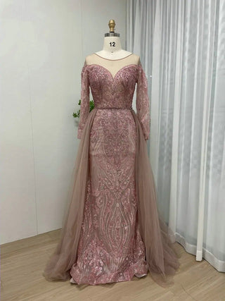 Ships in 1 to 3 Days - Elegant Long Sleeves Evening Gown for Women - 2024 Arabic Exclusive Beaded Scoop Neck Mother of the Bride Dress