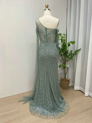 Dubai Green Luxury One-Shoulder Mermaid Evening Dress - Beaded Off-Shoulder Cape Sleeve Prom Gown for Wedding Guests