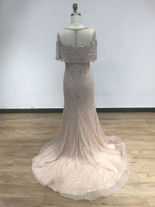 Ships in 1 to 3 Days - 2024 Simple Mermaid Beaded Champagne Evening Gown - Elegant Scoop Neck Prom Party Dress with Cape for Mother of the Bride