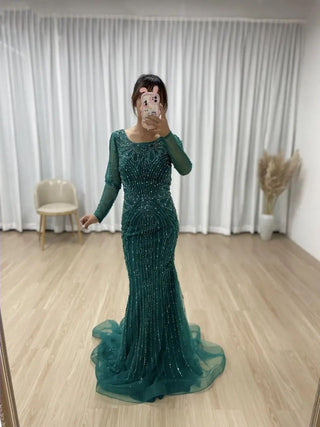 2024 Green Elegant Long Sleeves Muslim Evening Prom Dress - Luxury Mermaid Beaded Formal Party Gown in Dubai