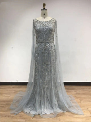 Ships in 1 to 3 Days - 2024 Trendy Silver Beaded Cape Sleeves Evening Gown - Stunning Mermaid Wedding Party Dress for Women in Arabic Style