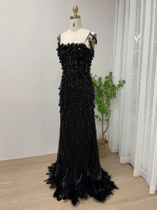 2024 Amazing Black Mermaid Evening Dress - Luxury Slip Ball Gown with Feathers and Diamonds for Formal Occasions