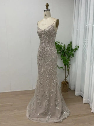 2024 Champagne Exclusive V-Neck Backless Mermaid Evening Gown - Stunning Beaded Prom Party Dress for Weddings