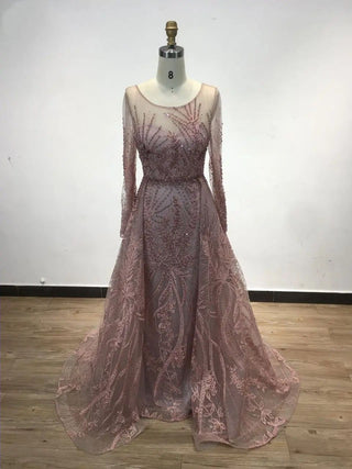 Ships in 1 to 3 Days - 2024 Pink Scoop Neck Long Sleeves Mermaid Evening Gown - Elegant Beaded Dress for Women’s Parties and Prom