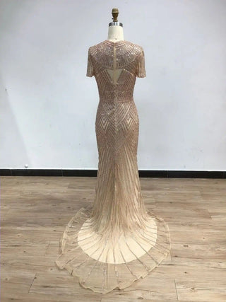 Ships in 1 to 3 Days - 2024 Haute Couture Gold Evening Gown - Scoop Neck Short Sleeves Mermaid Dress with Beading for Arabic Weddings and Celebrity Events