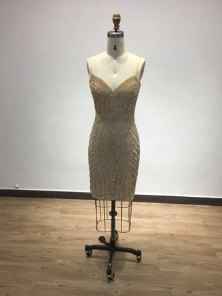 Ships in 1 to 3 Days - 2024 Stunning Gold Slip V-Neck Cocktail Party Dress - Exclusive Mini Beaded Evening Gown for Women